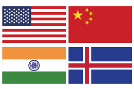 N. America, China, India and Iceland flag