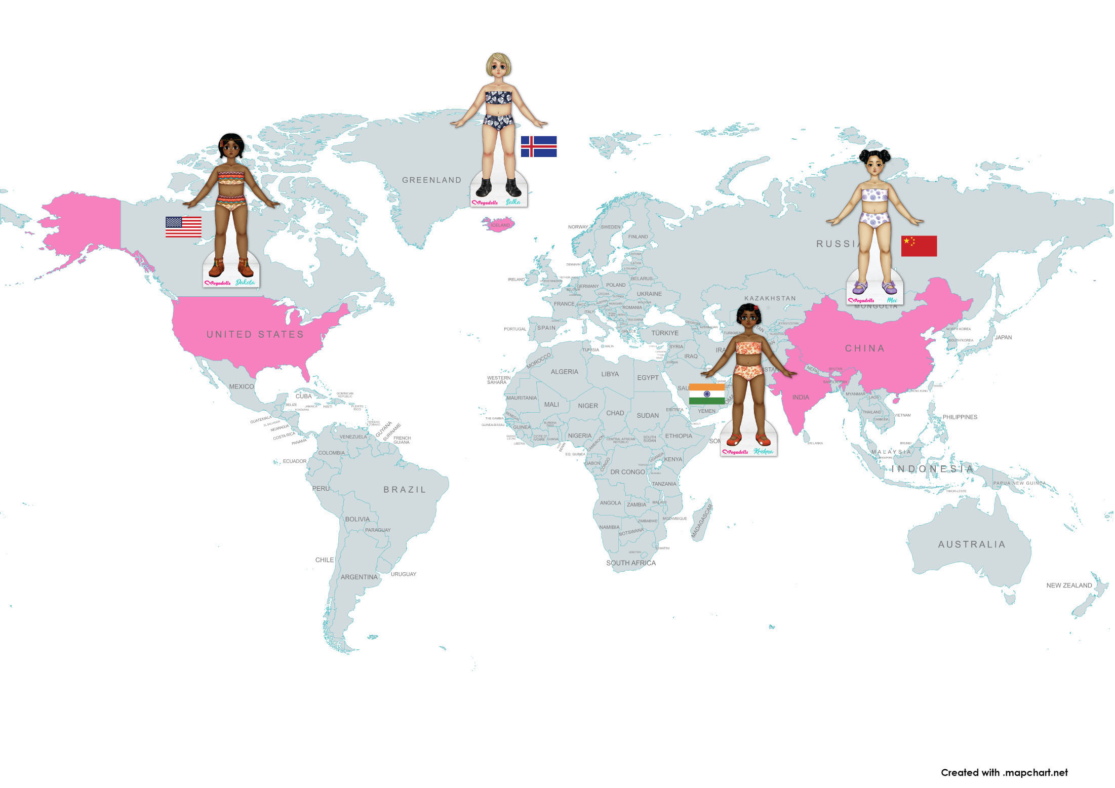 Hello from N. America, China, India and Iceland paper dolls